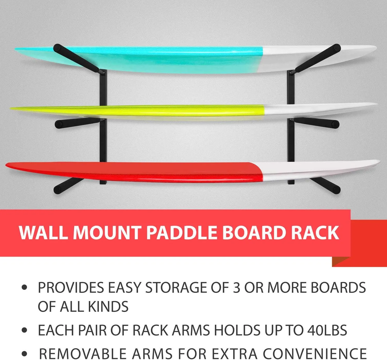Yes4All Heavy Duty Steel Wall Mount Paddle Board Racks, Surfboard Holder, Suitable for Both Indoor and Outdoor Storage