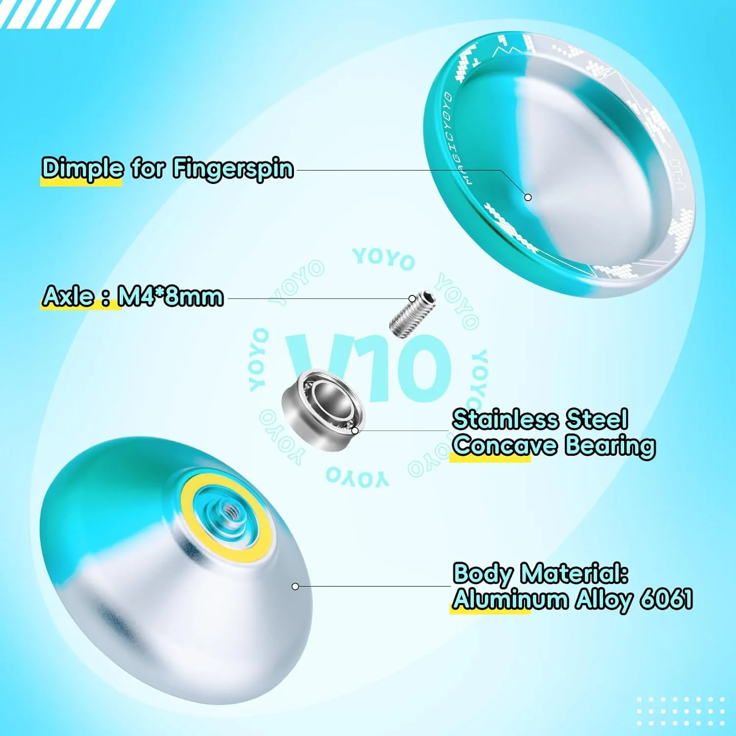 YOSTAR V10 Pro Yoyo for Kids Beginner to Adults, Finger Spin Trick Yoyo with 12 Strings   Case   Glove (Blue Silver Gradient)