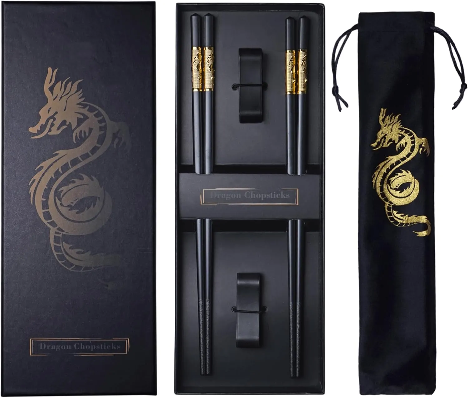 Youda Golden Dragon Chopsticks Set-Premium Alloy Metal Reusable Chopsticks with Holder & Gift Bag, Traditional Chinese Design, Dishwasher Safe, Elegant Gift Box (2 Pairs)