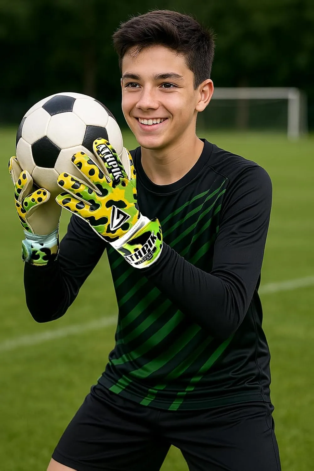 Youth Goalkeeper Gloves for Kids 8-14 | Anti-Slip Latex Soccer Gloves with Finger Hyperextension Prevention & Dual Wrist Support | Pink/Green Leopard Print | U8-U14 Youth Soccer Team Gear