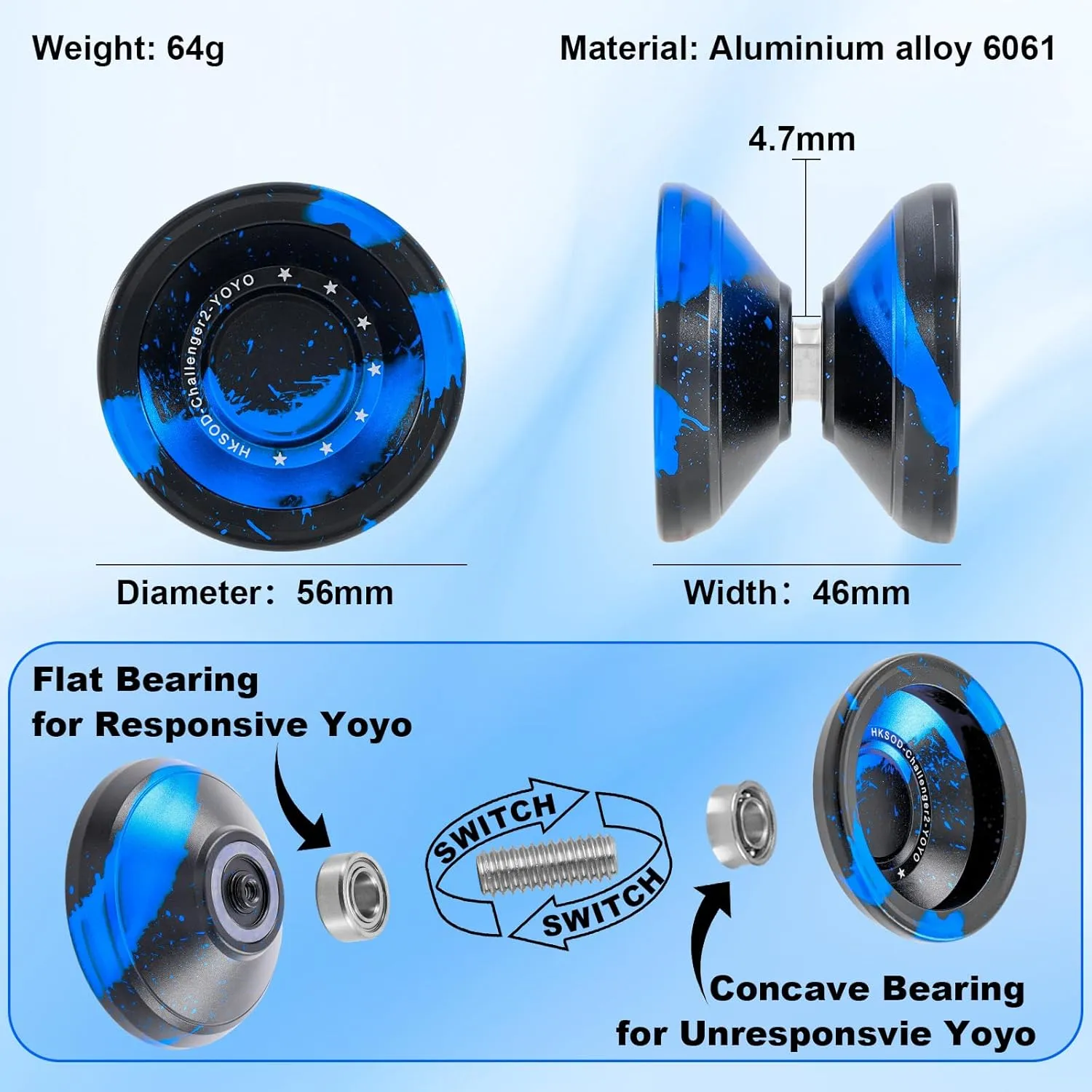 Yoyo Metal Trick Yoyo Professional Responsive Yoyos for Kids 8-12 Beginners, Unresponsive Yo-yo for Adults with Yo Yo Bearing Accessories - Black Blue