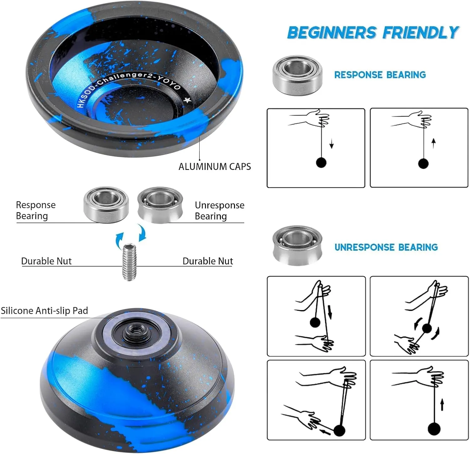 Yoyo Metal Trick Yoyo Professional Responsive Yoyos for Kids 8-12 Beginners, Unresponsive Yo-yo for Adults with Yo Yo Bearing Accessories - Black Blue