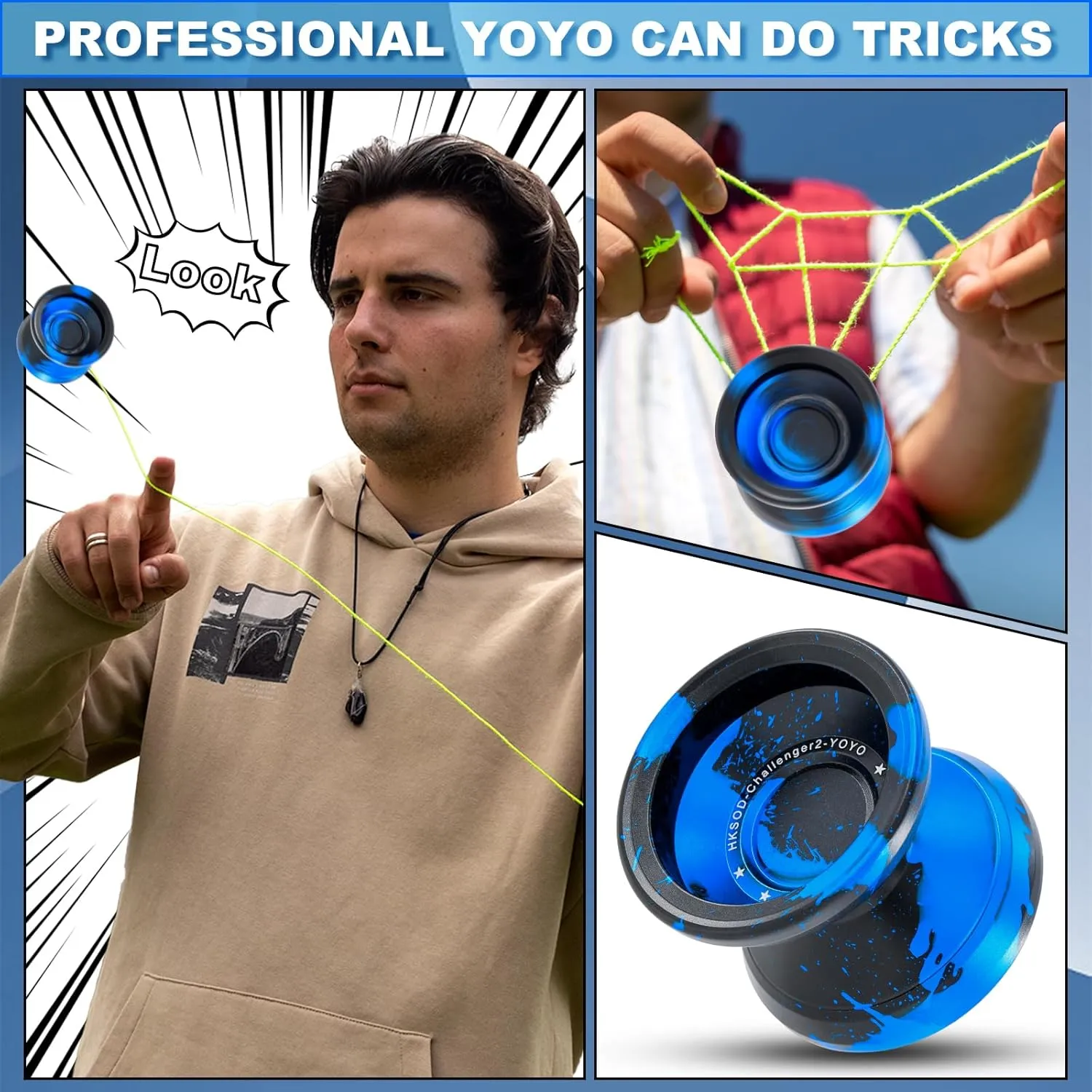 Yoyo Metal Trick Yoyo Professional Responsive Yoyos for Kids 8-12 Beginners, Unresponsive Yo-yo for Adults with Yo Yo Bearing Accessories - Black Blue