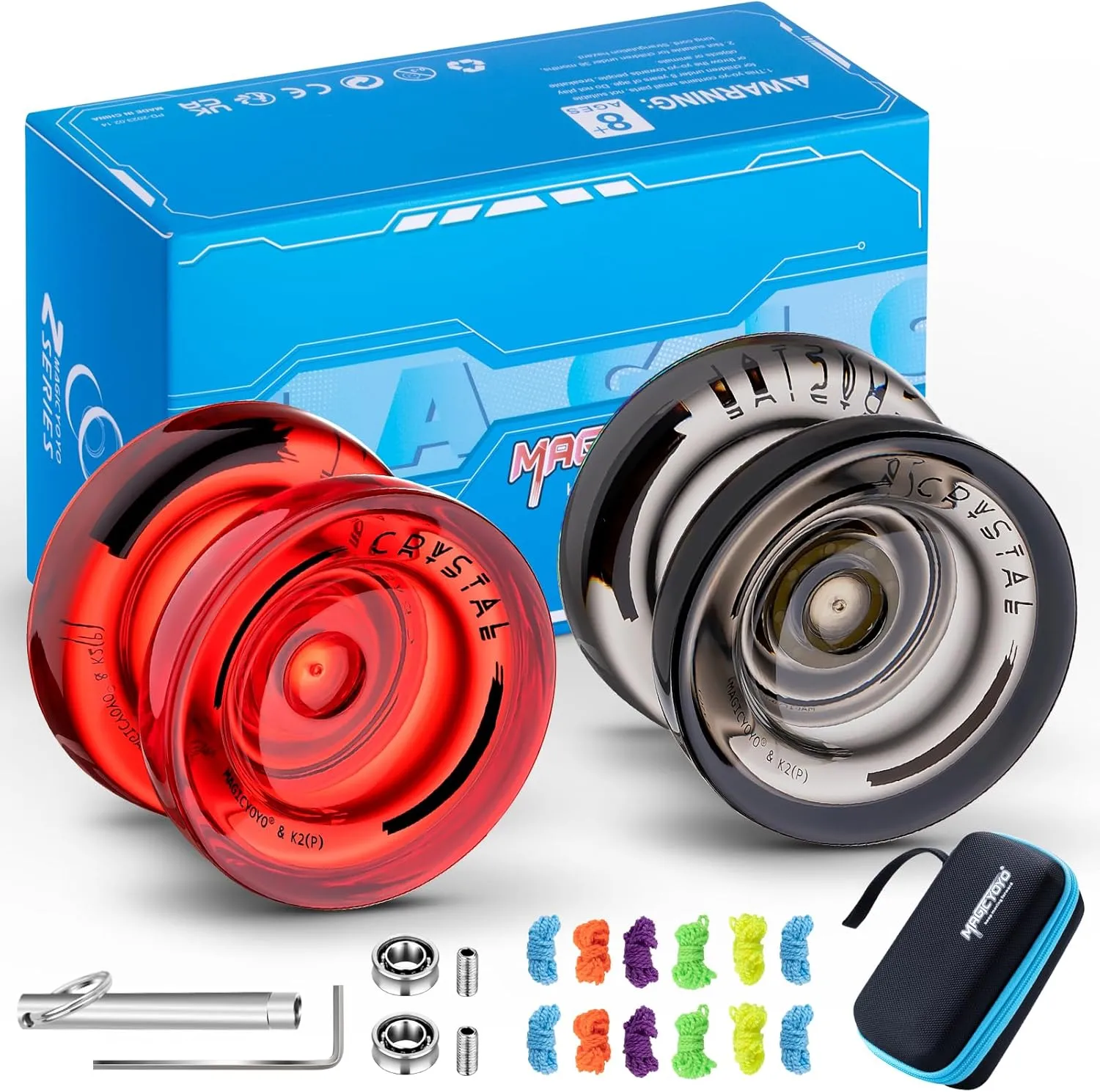 Yoyo Pack of 2 Responsive Yoyos K2 Crystal Black Red, Durable Unresponsive Plastic Yoyo for Kids Beginner, Professional Fingerspin Yo-yo with Extra Removal Bearing Tool   12 Yoyo Strings   Bags