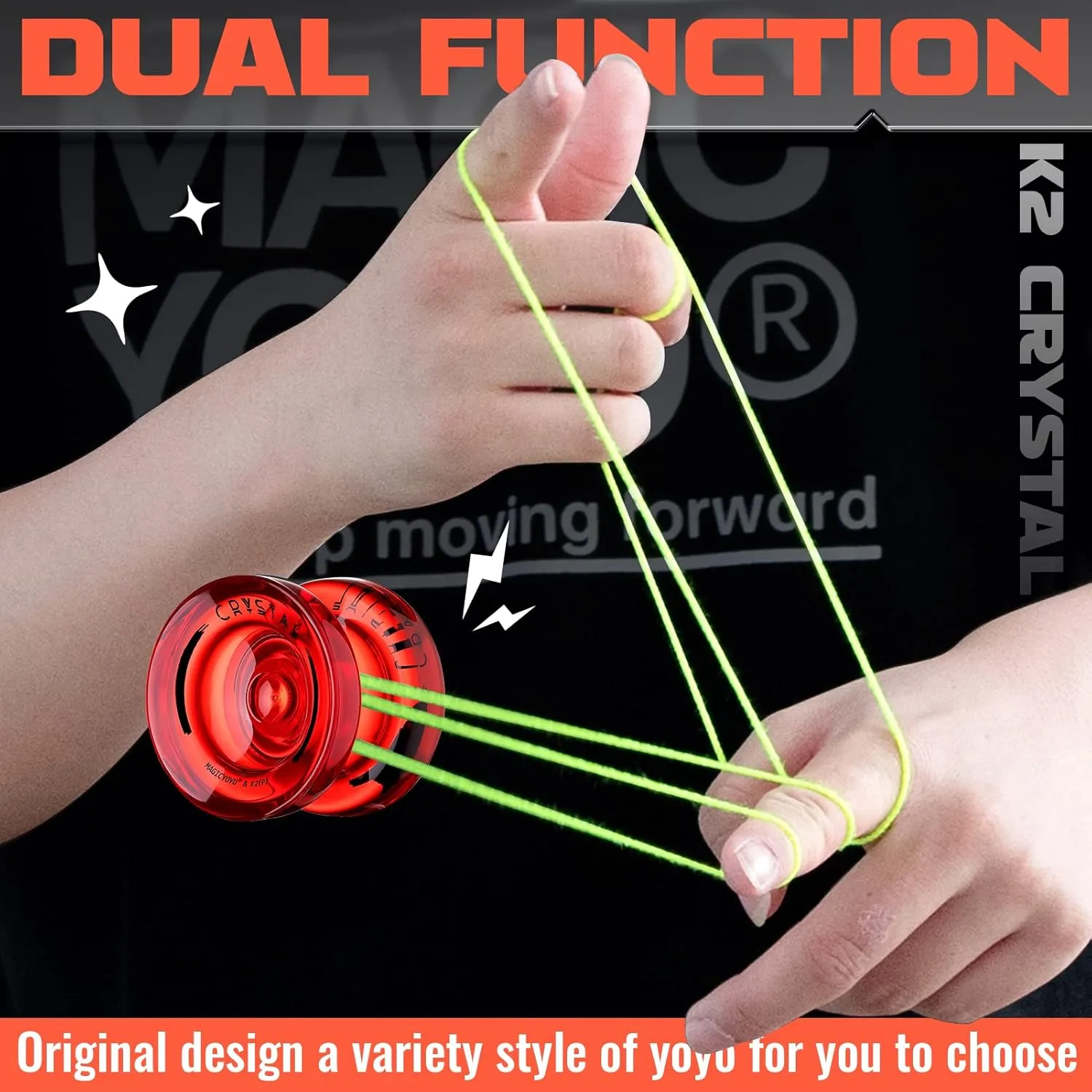 Yoyo Pack of 2 Responsive Yoyos K2 Crystal Black Red, Durable Unresponsive Plastic Yoyo for Kids Beginner, Professional Fingerspin Yo-yo with Extra Removal Bearing Tool   12 Yoyo Strings   Bags