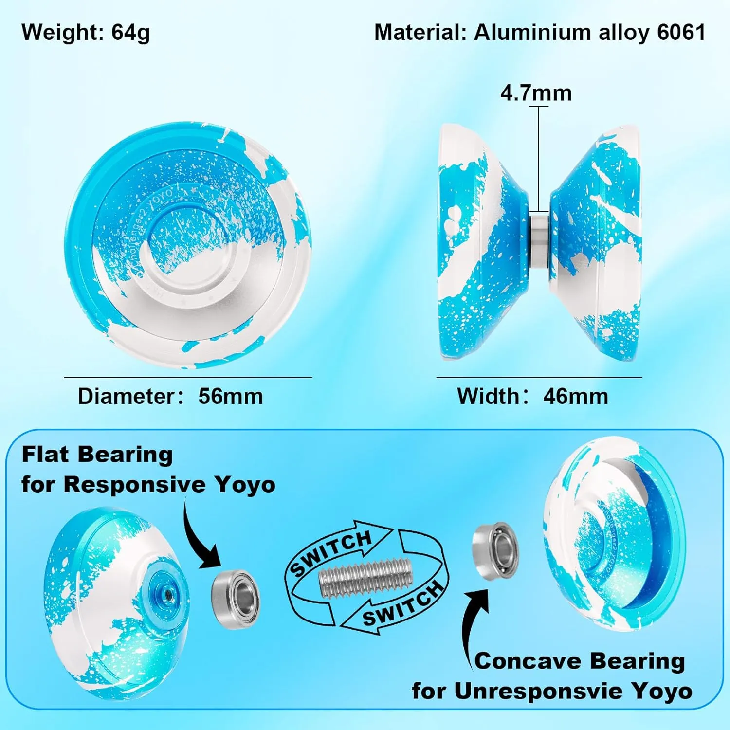 Yoyo Responsive Professional Yoyos for Kids Beginners Metal Trick Yoyo, Unresponsive Yo-yo for Adults with Bearing Kit, 10 Yo-Yo Strings, Case and Glove - Blue Silver