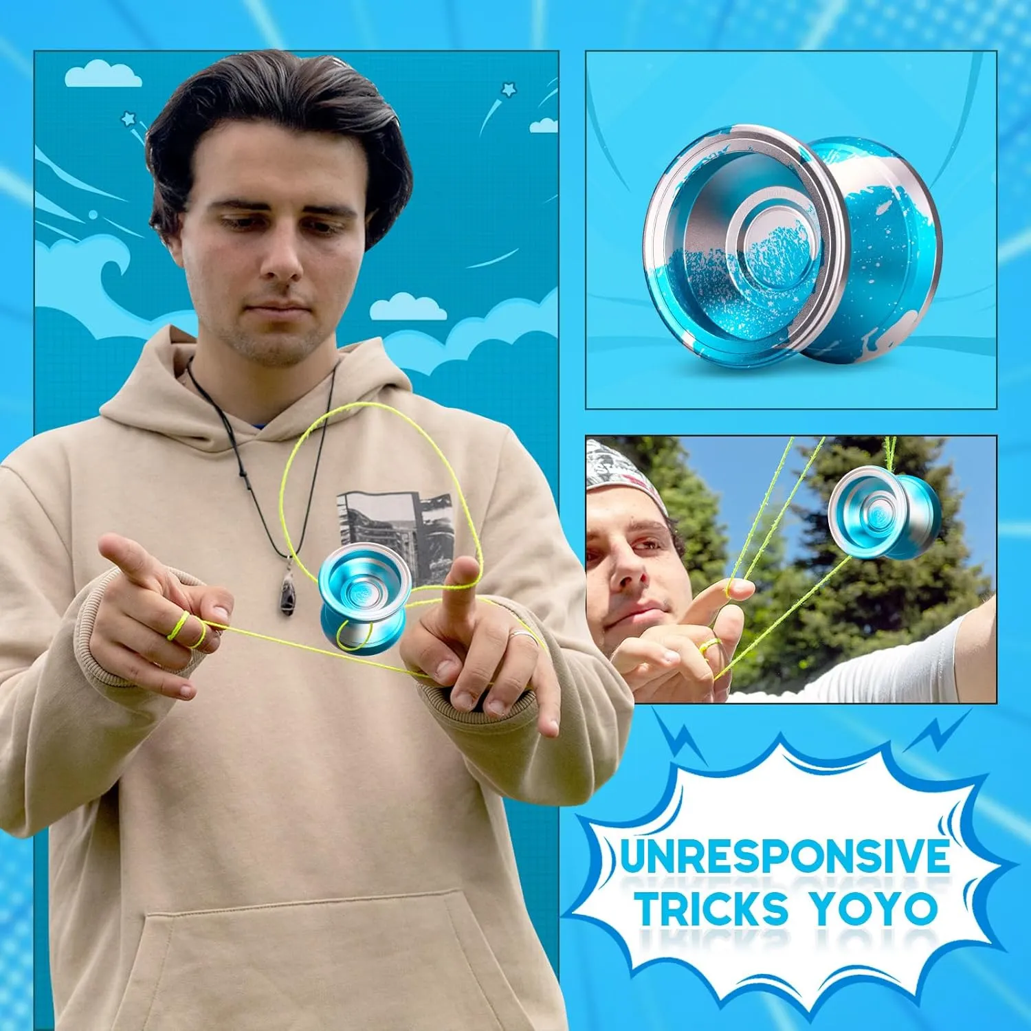 Yoyo Responsive Professional Yoyos for Kids Beginners Metal Trick Yoyo, Unresponsive Yo-yo for Adults with Bearing Kit, 10 Yo-Yo Strings, Case and Glove - Blue Silver