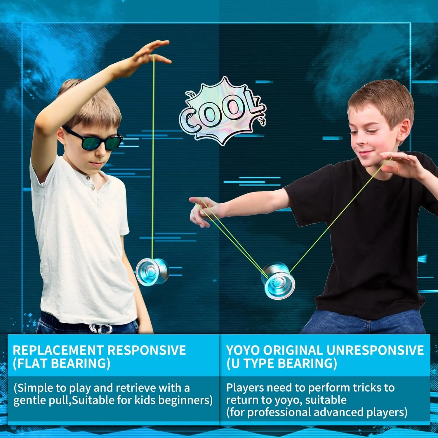Yoyo Responsive Professional Yoyos for Kids Beginners Metal Trick Yoyo, Unresponsive Yo-yo for Adults with Bearing Kit, 10 Yo-Yo Strings, Case and Glove - Blue Silver