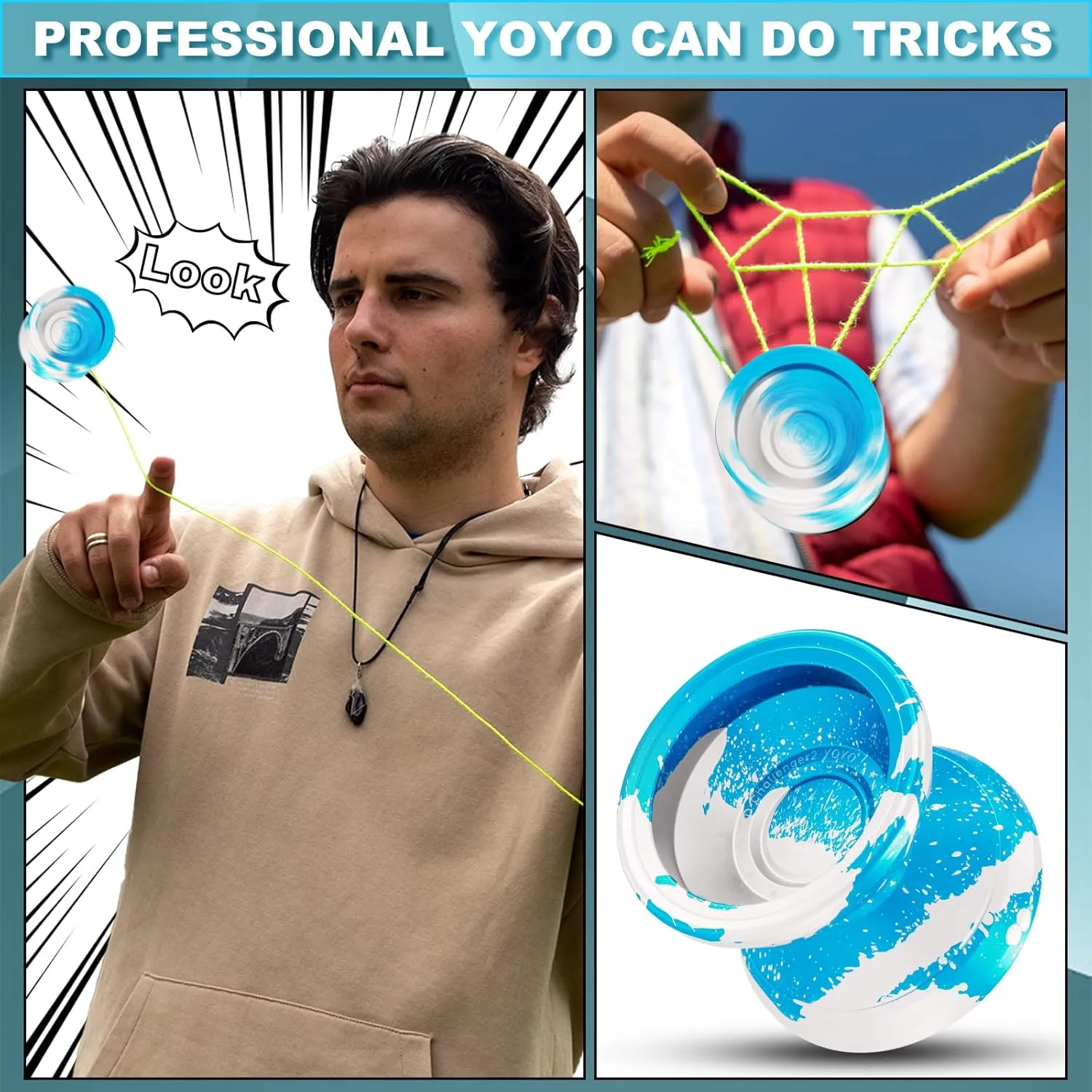 Yoyo Responsive Professional Yoyos for Kids Beginners Metal Trick Yoyo, Unresponsive Yo-yo for Adults with Bearing Kit, 10 Yo-Yo Strings, Case and Glove - Blue Silver