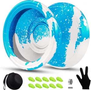 Yoyo Responsive Professional Yoyos for Kids Beginners Metal Trick Yoyo, Unresponsive Yo-yo for Adults with Bearing Kit, 10 Yo-Yo Strings, Case and Glove - Blue Silver