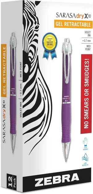 Zebra Pen GR8 Gel Pen, Retractable, Medium 0.7 mm, Violet Ink, Violet/Silver Barrel, 12/Pack