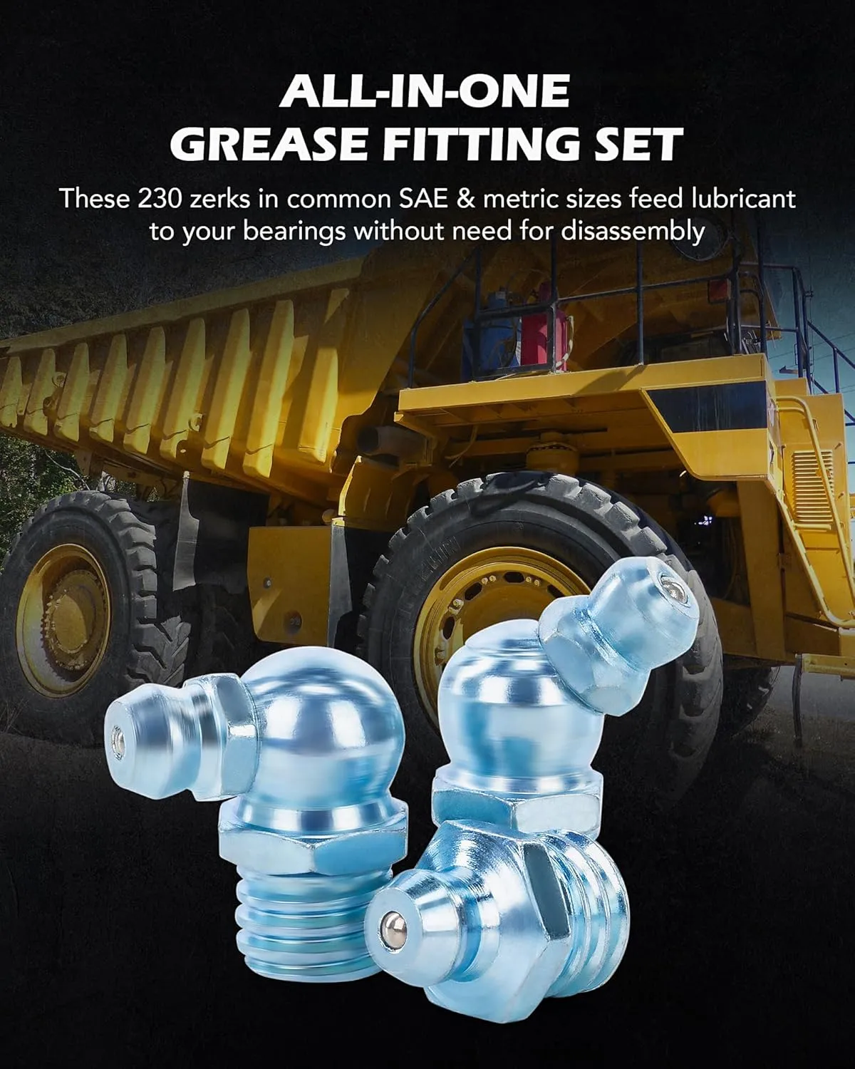 ZELCAN 230pc SAE & Metric Grease Fittings Kit, Hydraulic Grease Zerk Assortment: 1/4" 1/8" M6 M10 Straight 45 90 Degree Zerks, Galvanized Steel Set for Replacing Missing or Broken Zerk Grease Fittings