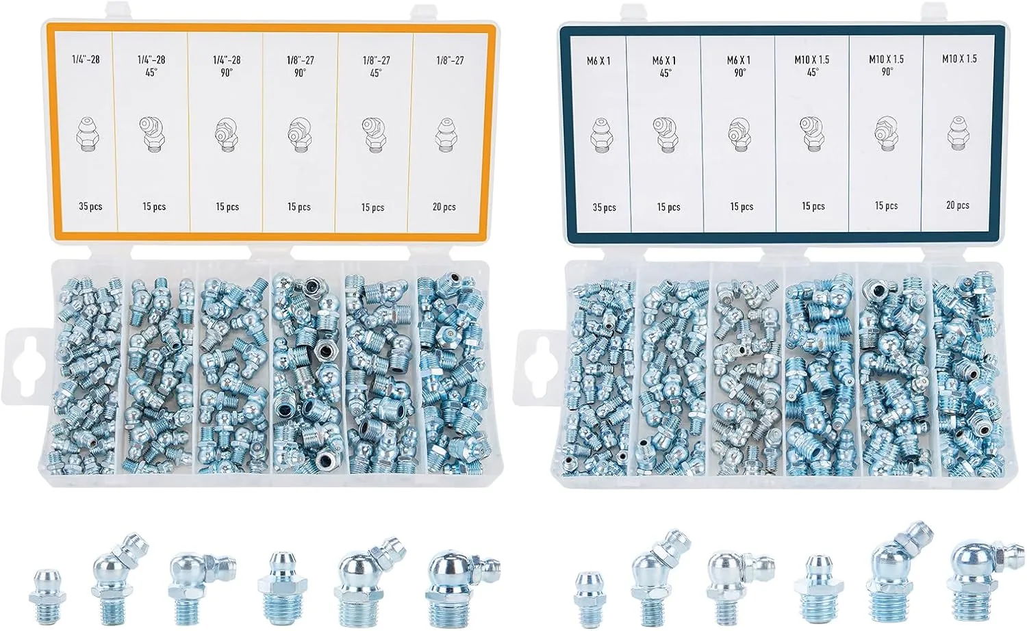 ZELCAN 230pc SAE & Metric Grease Fittings Kit, Hydraulic Grease Zerk Assortment: 1/4" 1/8" M6 M10 Straight 45 90 Degree Zerks, Galvanized Steel Set for Replacing Missing or Broken Zerk Grease Fittings