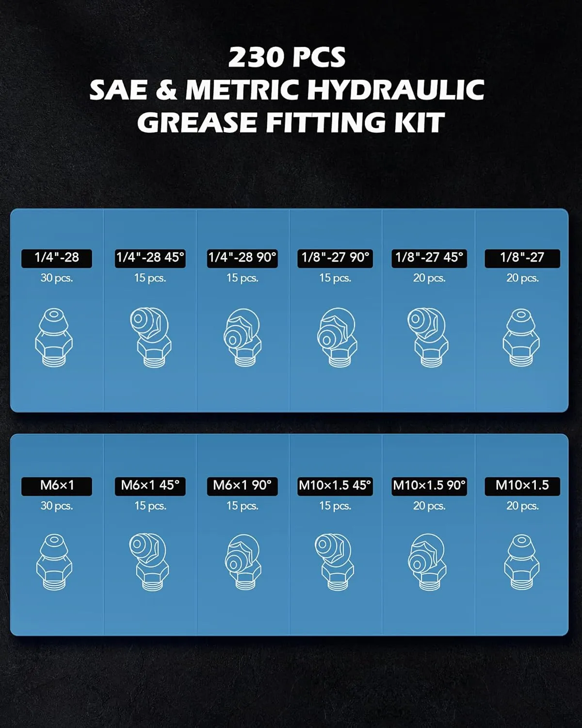 ZELCAN 230pc SAE & Metric Grease Fittings Kit, Hydraulic Grease Zerk Assortment: 1/4" 1/8" M6 M10 Straight 45 90 Degree Zerks, Galvanized Steel Set for Replacing Missing or Broken Zerk Grease Fittings