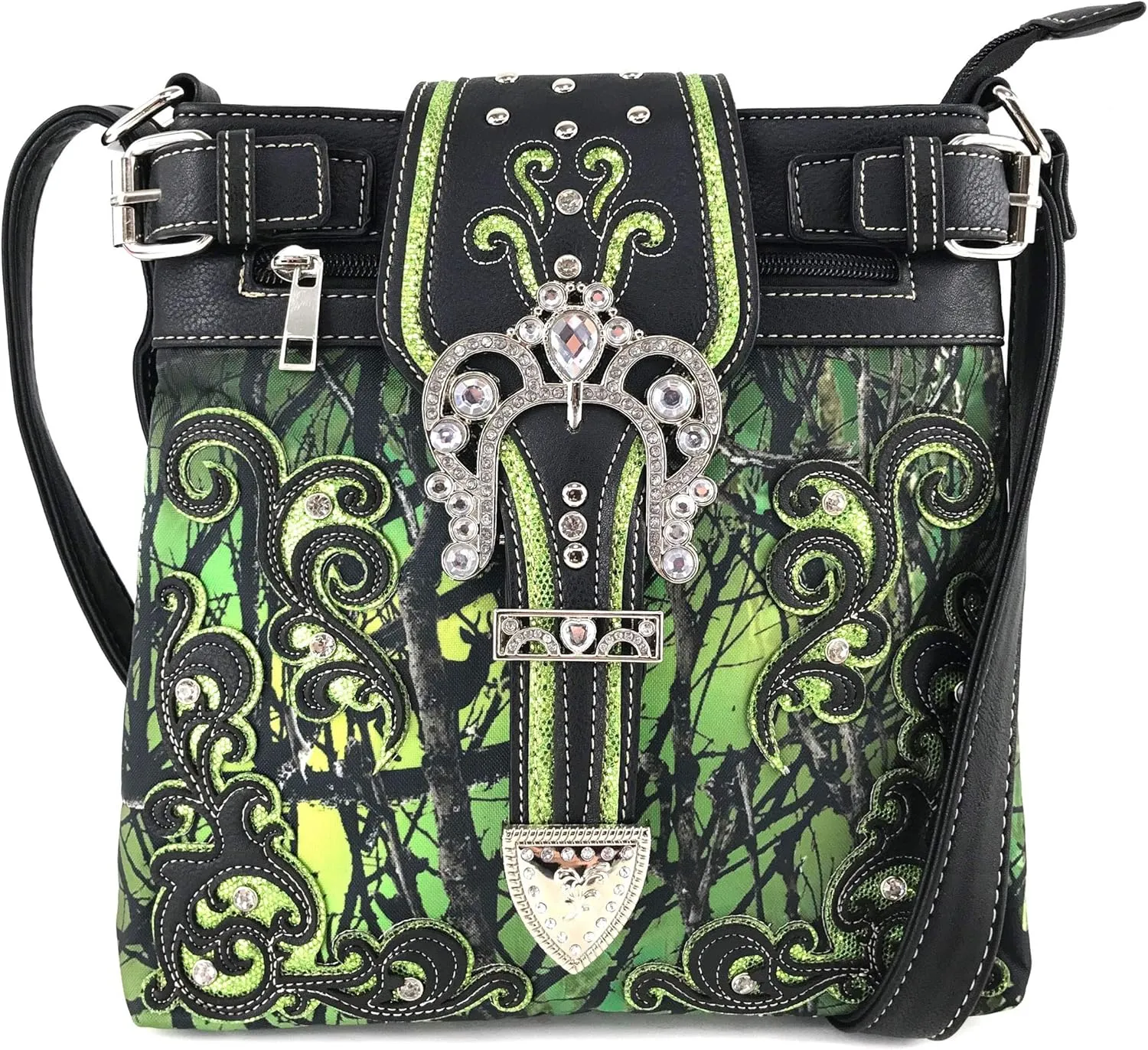 Zelris Camouflage Shine Glow Silver Buckle Conceal Carry Crossbody Messenger Bag