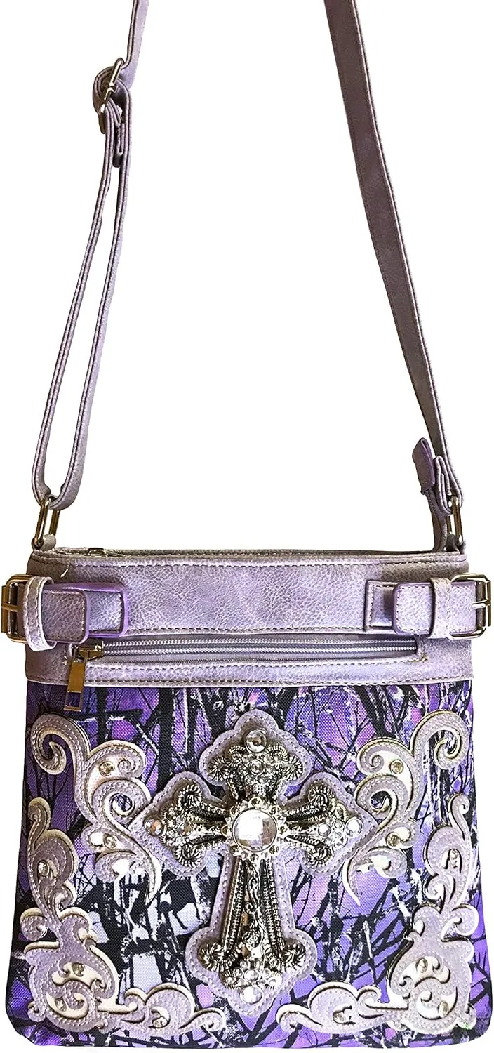 Zelris Camouflage Shine Glow Silver Cross Conceal Carry Crossbody Messenger Bag