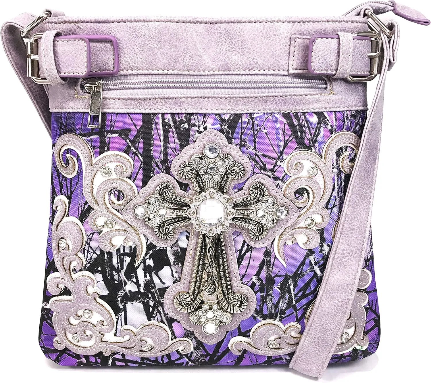 Zelris Camouflage Shine Glow Silver Cross Conceal Carry Crossbody Messenger Bag