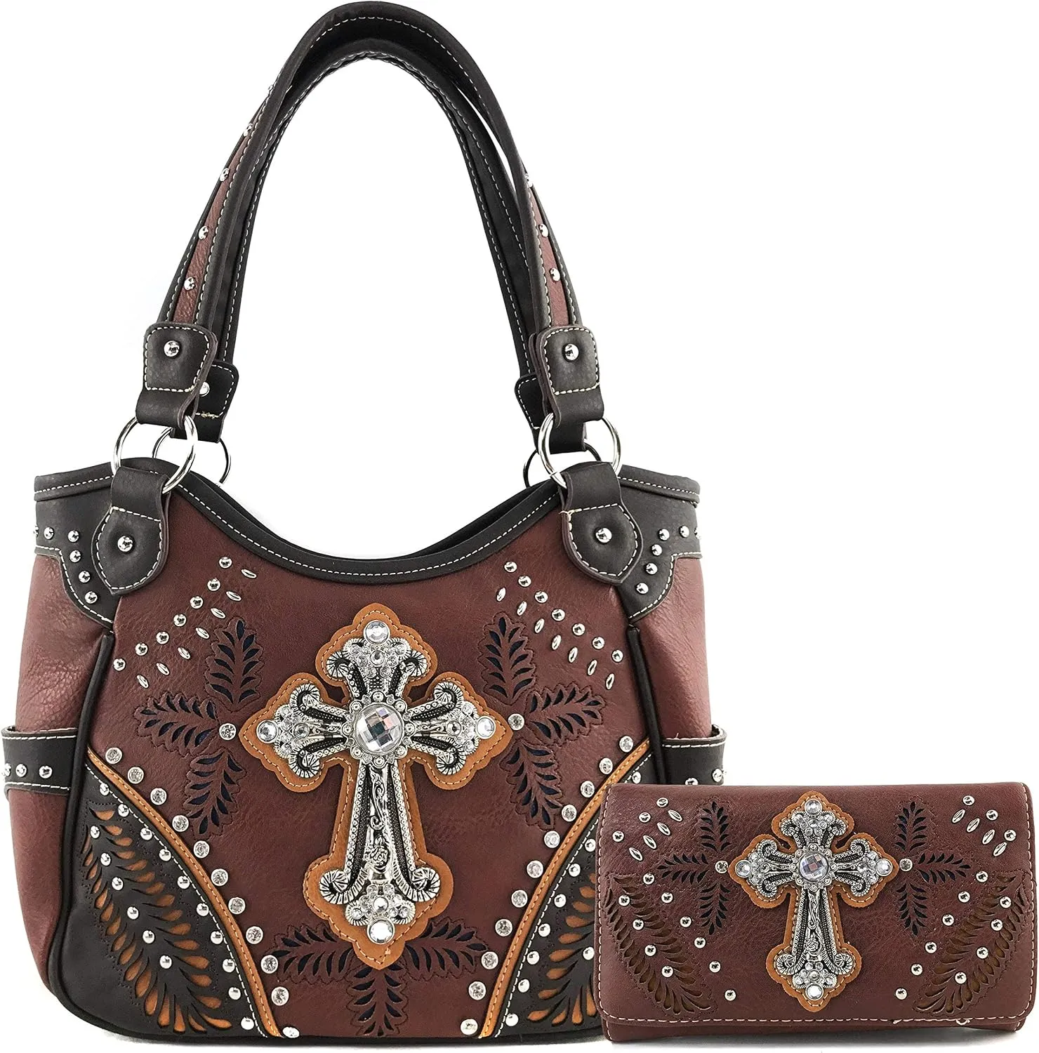 Zelris Fall Fern Leaf Western Cross Women Conceal Carry Tote Handbag with Wallet