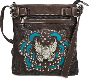 Zelris Sugar Skull Roses Angel Wing Women Conceal Carry Crossbody Messenger Bag