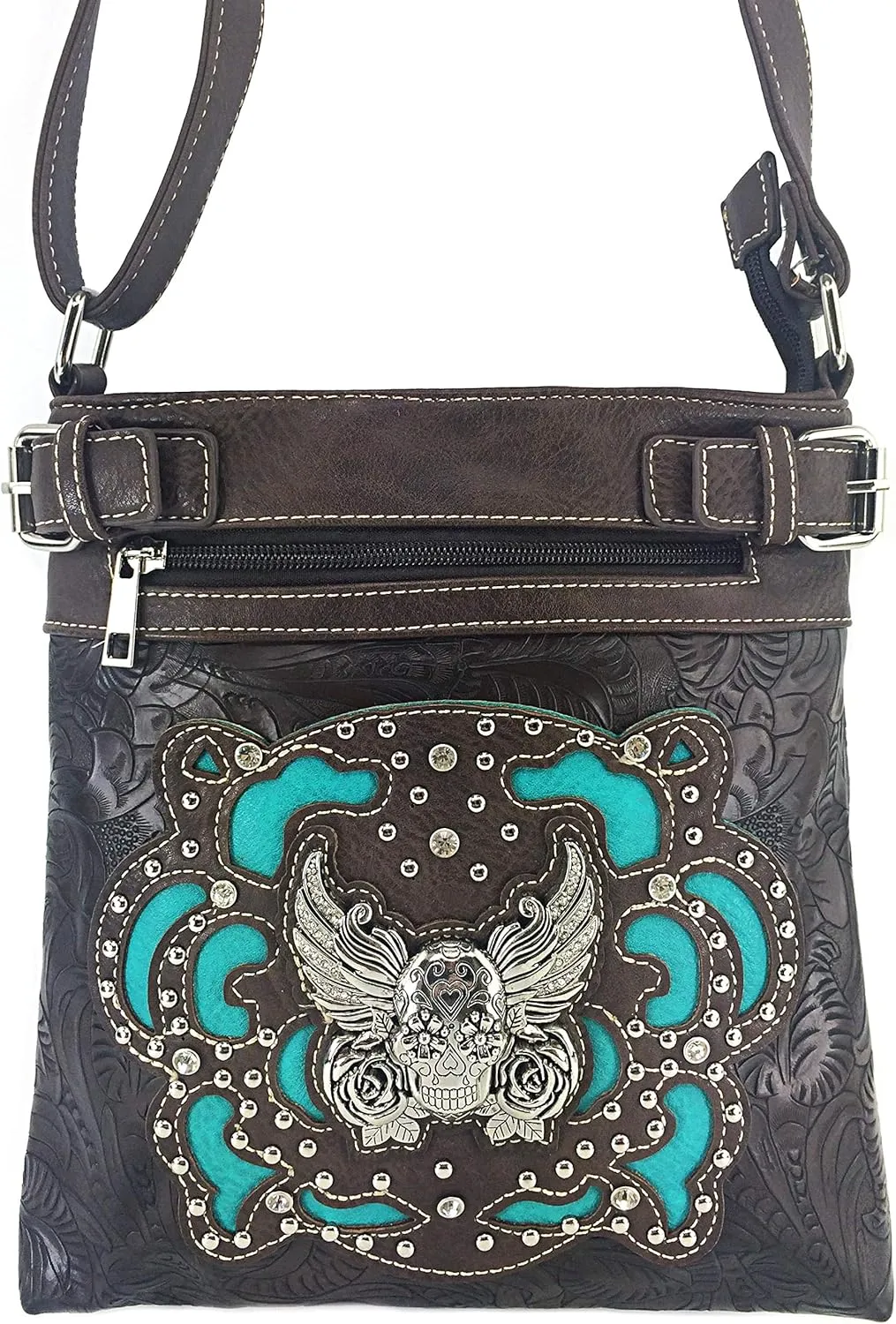 Zelris Sugar Skull Roses Angel Wing Women Conceal Carry Crossbody Messenger Bag