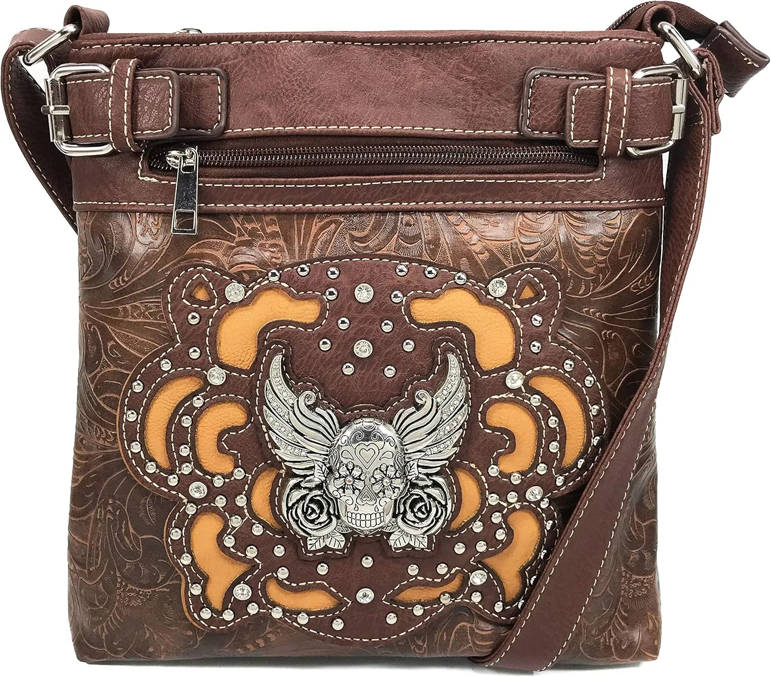 Zelris Sugar Skull Roses Angel Wing Women Conceal Carry Crossbody Messenger Bag