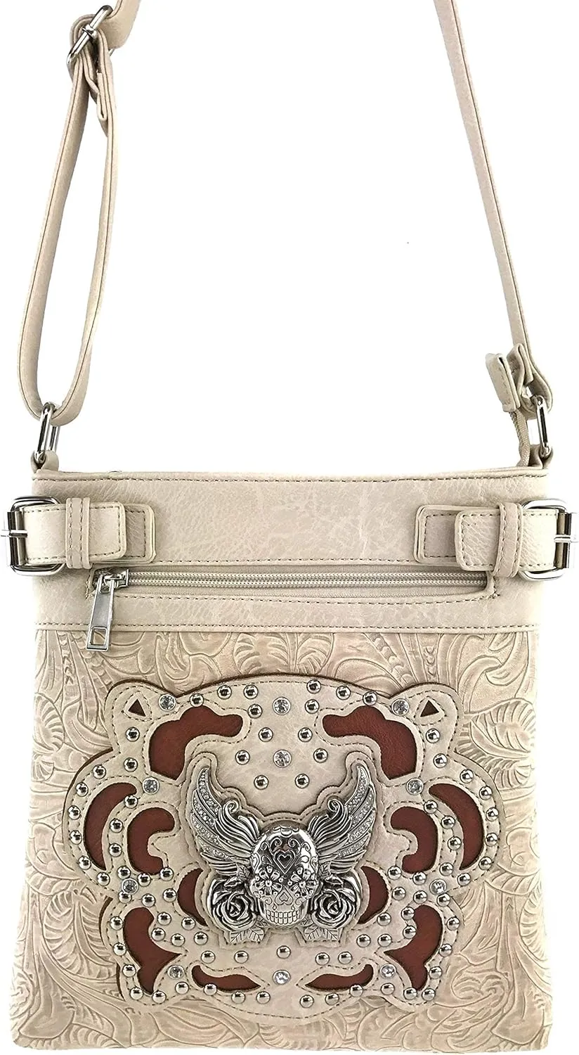 Zelris Sugar Skull Roses Angel Wing Women Conceal Carry Crossbody Messenger Bag