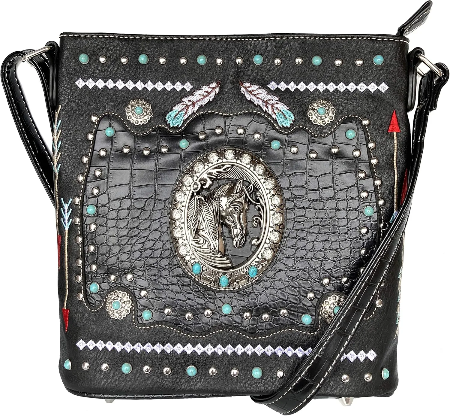 Zelris Western Horse Embroidered Feathers Turquoise PU Leather Concealed Carry Women Crossbody Bag