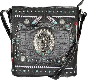 Zelris Western Horse Embroidered Feathers Turquoise PU Leather Concealed Carry Women Crossbody Bag