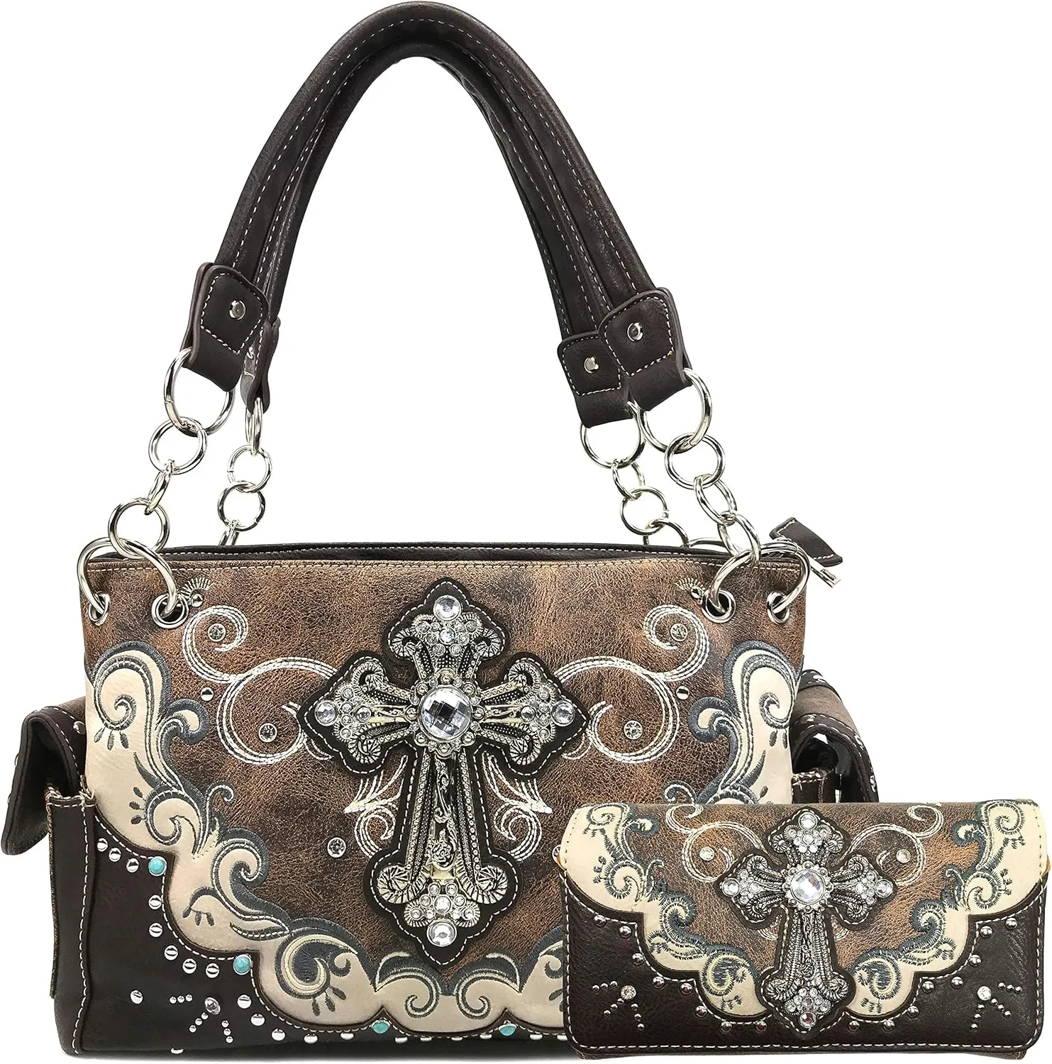 Zelris Western Silver Rhinestone Cross Women Conceal Carry Handbag Wallet Set