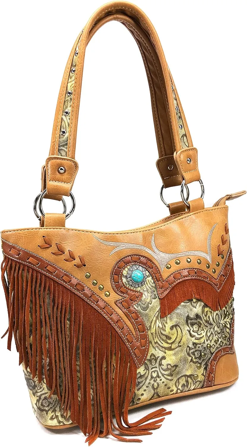 Zelris Women Tote Handbag Turquoise Concho Suede Fringe Two Tone Cowgirl Concealed Carry Purse