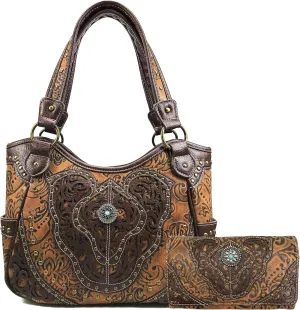 Zelris Women Western Floral Damask Pattern Medallion Concealed Carry Handbag Purse with Matching Crossbody Wallet
