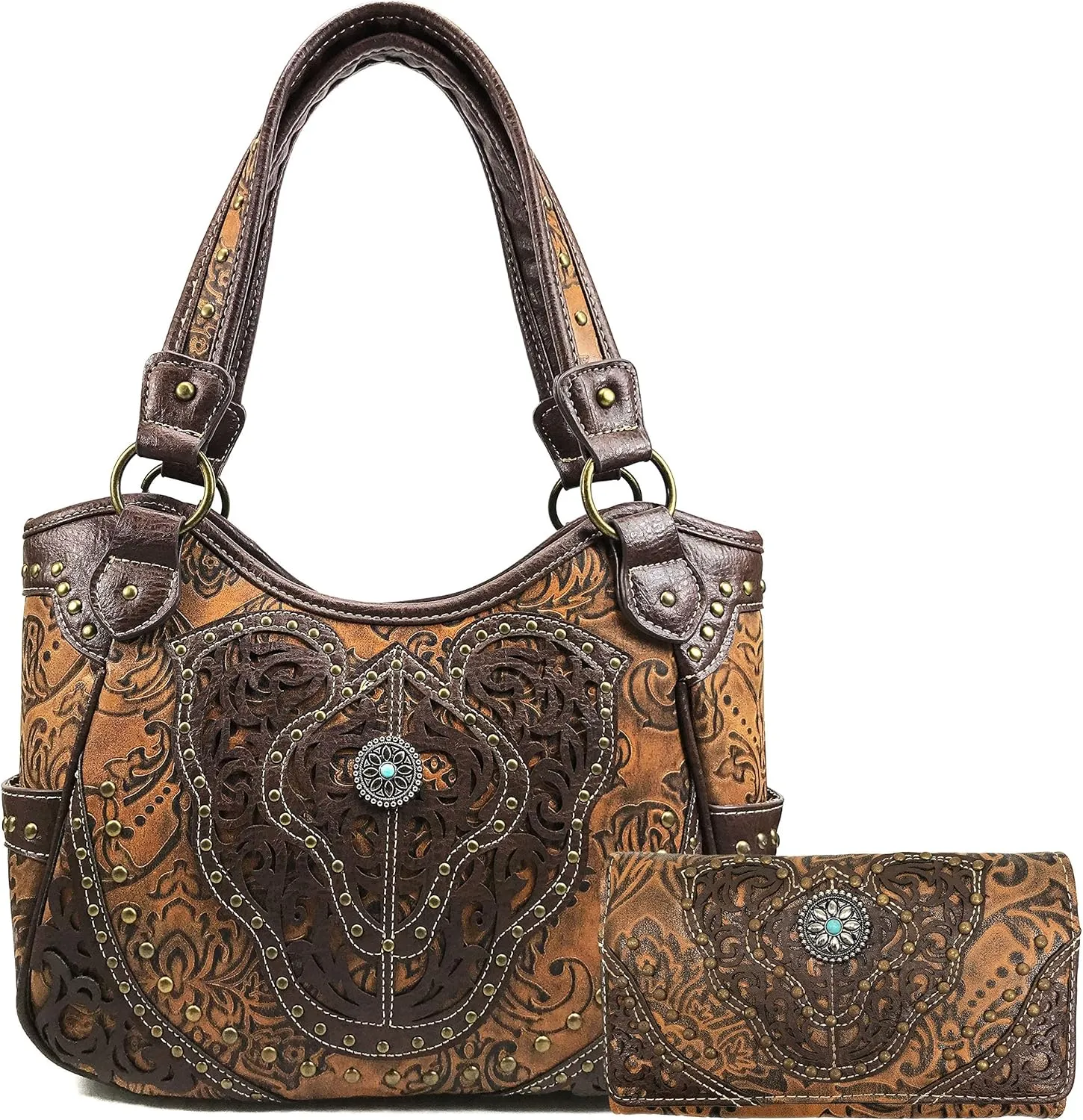 Zelris Women Western Floral Damask Pattern Medallion Concealed Carry Handbag Purse with Matching Crossbody Wallet