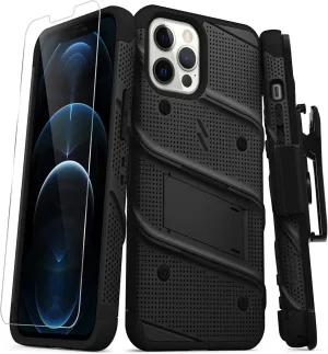 Zizo Bolt Series for iPhone 12 Pro Max Case with Screen Protector Kickstand Holster Lanyard - Black