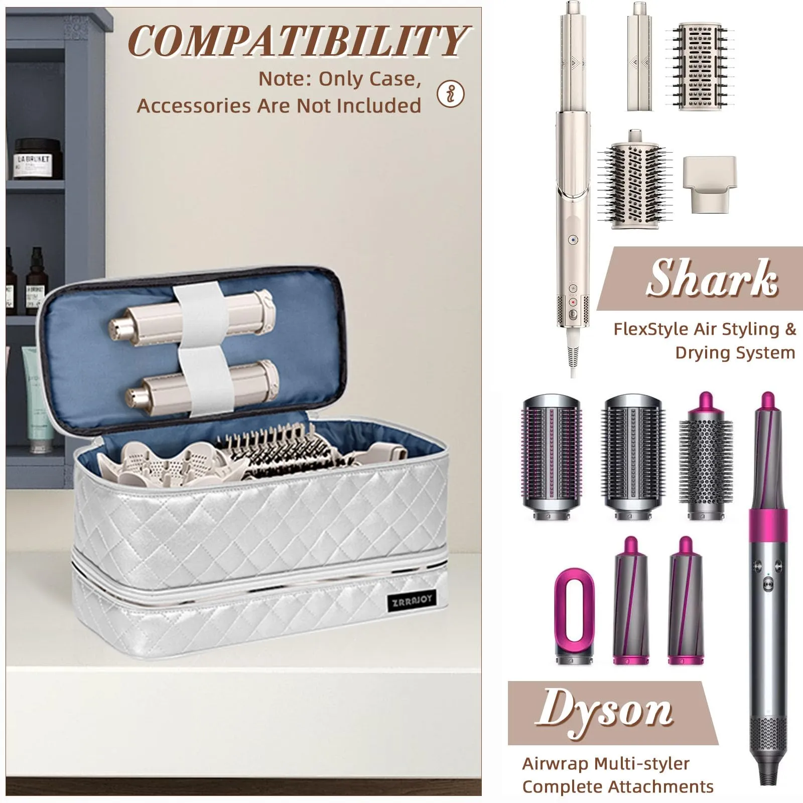 ZRRAJOY Double Layer Storage Case For Shark Flexstyle, Travel Carrying Case For Shark 430/440 Flexstyle, Organizer Bag For Shark Flexstyle/Dyson Airwrap Styler Attachments (Silver)