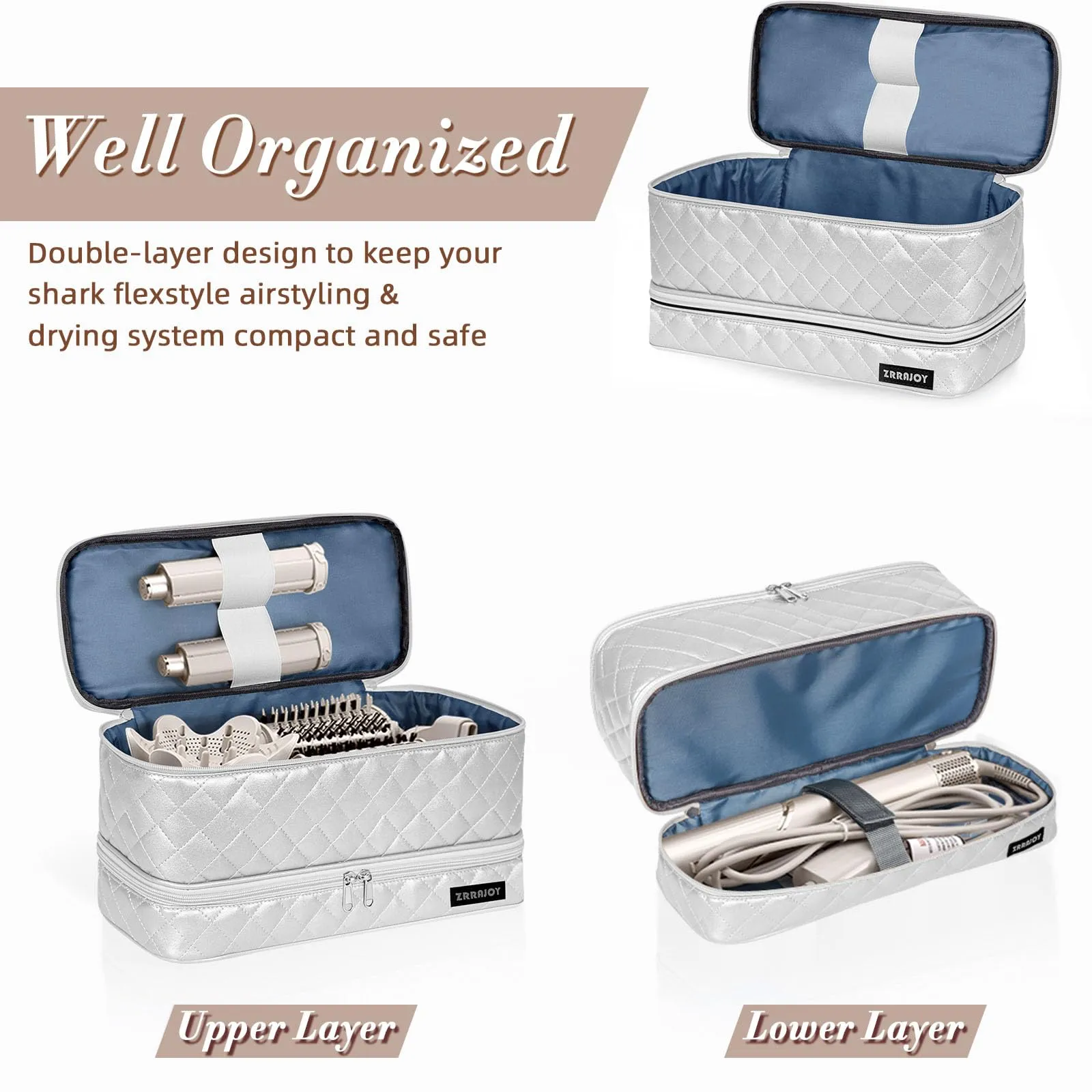 ZRRAJOY Double Layer Storage Case For Shark Flexstyle, Travel Carrying Case For Shark 430/440 Flexstyle, Organizer Bag For Shark Flexstyle/Dyson Airwrap Styler Attachments (Silver)